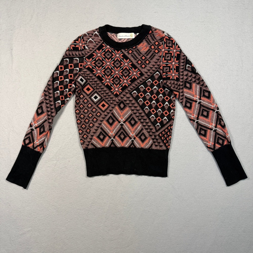 Charlie & Robin Womens Geometric Fair Isle Knit Sweater XS Black Coral Cotton